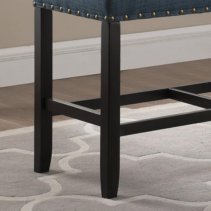 Blue Fabric Counter Height Dining Bench with Nailhead Trim, Ideal for Kitchen Islands and Dining Areas, Durable and Easy to Clean