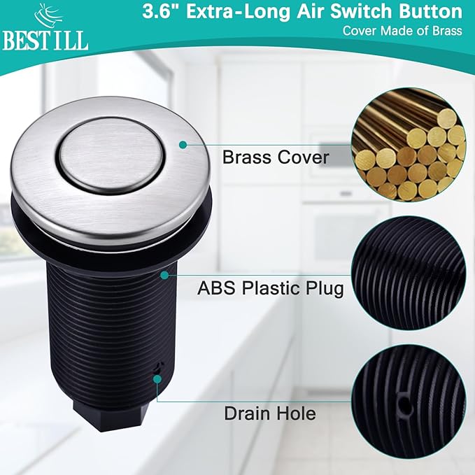BESTILL Sinktop Air Switch Kit for Garbage Disposal, Stainless Steel Brushed Nickel 3.6" Long Push Button for Waste Disposer, UL Listed