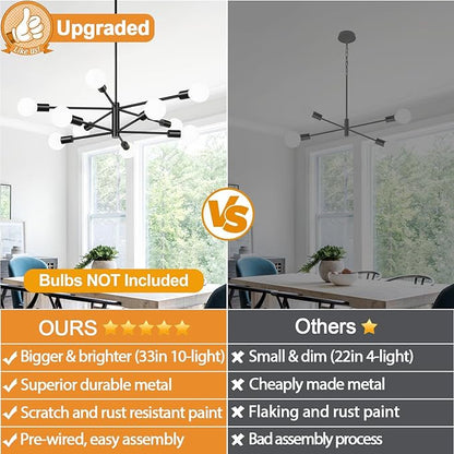 MQMQA Sputnik Chandeliers Dining Room Light Fixture (10-Light, 32-Inch), Modern Black Chandelier, Height Adjustable Mid Century Modern Chandeliers for Dining Room Kitchen Island (Bulbs Not Included)