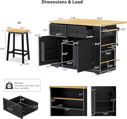 48 Inch Kitchen Island with 2 Bar Stools, Power Outlet & Storage - Rolling Kitchen Cart with Drop Leaf, Internal Door Racks, 5 Open Shelves, 2 Drawers, Black | All-in-One Mobile Workstation