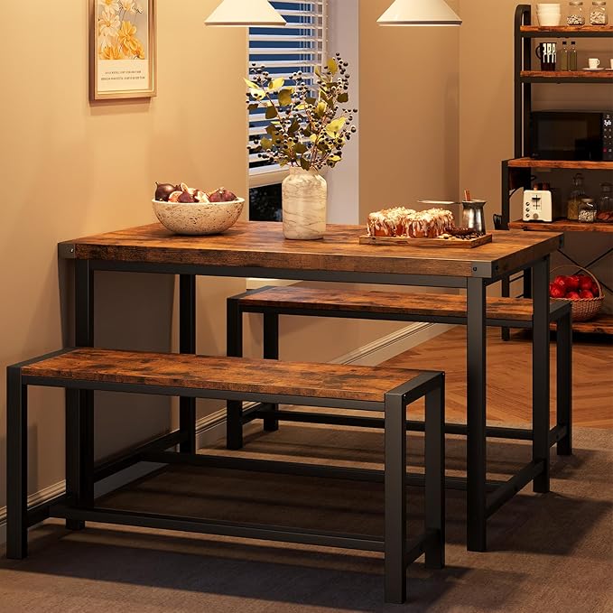 CABIHOME Dining Table Set for 4 with 2 Benches, Kitchen Table Set for 4-6 with Corner Protector, Dining Table and 2 Benches with H-Shaped Frame for Small Space, Kitchen, Apartment，Rustic Brown