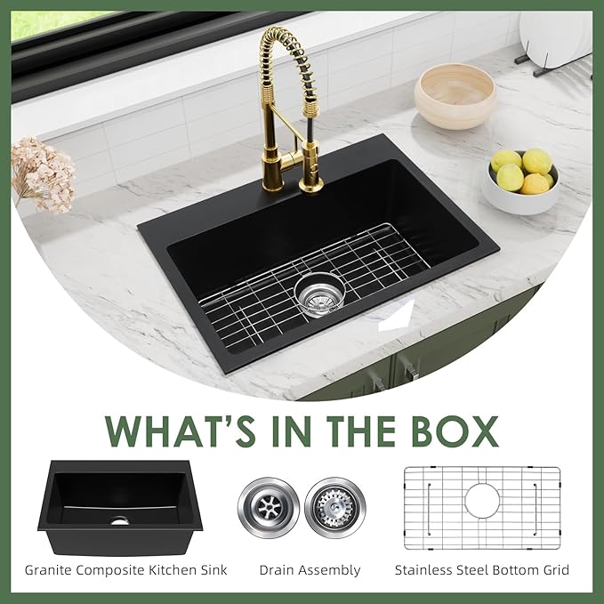 Davivy 27 inch Black Granite Composite Kitchen Sink, 27 x19 Black Quartz Topmount/Drop In Kitchen Sink, Single Bowl Design