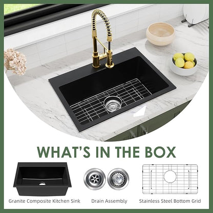 Davivy 27 inch Black Granite Composite Kitchen Sink, 27 x19 Black Quartz Topmount/Drop In Kitchen Sink, Single Bowl Design
