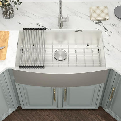 Kichae 30 Inch Farmhouse Kitchen Sink - 30 x 20 Farmer Sink Stainless Steel 16 Gauge Single Bowl Apron Front Farm Style Basin Round Corner