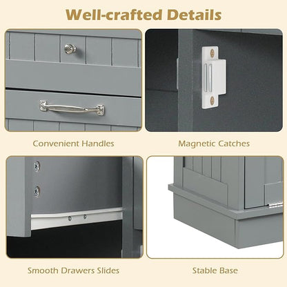 Giantex Tilt Out Trash Cabinet 15.5 Gallon, Wooden Laundry Room Cabinet, 2 Drawers, Storage Cabinet, Recycling Trash Cabinet, Kitchen Island with Garbage Can Holder, 39.5" x 14" x 35.5", Gray