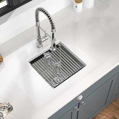 Mocoloo Square Undermount Bar Sink 15x15 Inch Single Bowl Undermount Kitchen Sink 16 Gauge Stainless Steel Bar Prep Workstation 9" Handmade Sinks