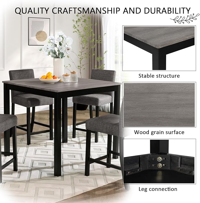 5-Piece Counter Height Dining Table Set for 4, Wooden Kitchen Table and Chairs Set of 4, Square Dining Room Table with Upholstered Seats for Kitchen and Dining, Light Grey & Black Two Tone