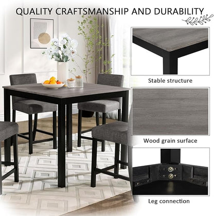 5-Piece Counter Height Dining Table Set for 4, Wooden Kitchen Table and Chairs Set of 4, Square Dining Room Table with Upholstered Seats for Kitchen and Dining, Light Grey & Black Two Tone