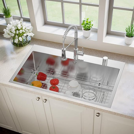 Kitchen Sink 30 x 22 Inch Drop-In Top Mount 16 Gauge Deep R10 Single Bowl 2-Hole Stainless Steel Kitchen Sink and Accessories (Pack of 4)