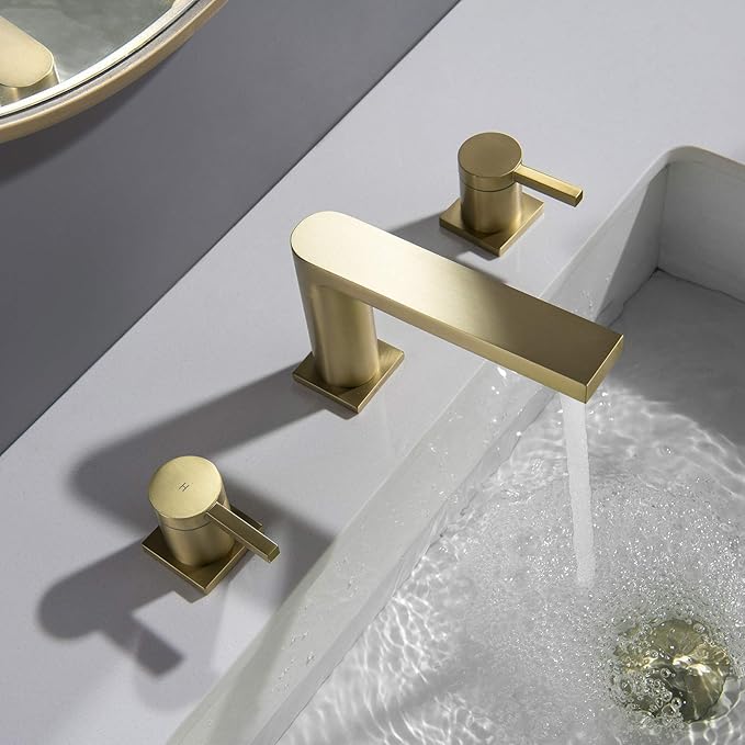 Luxury Brass Widespread Bathroom Sink Faucets for 3 Hole 2-Handle 8 Inch Deck Vanity Faucet & Stainless Steel Pop-up Drain Assembly, Brushed Gold