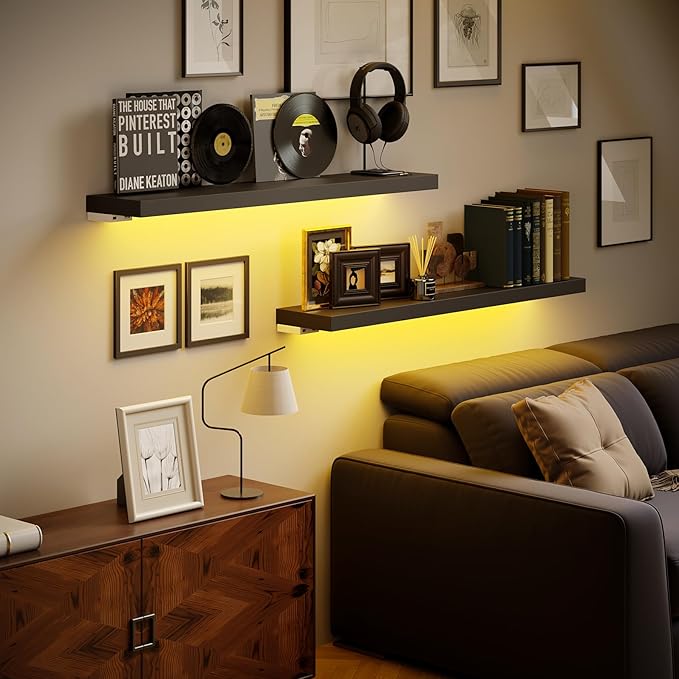 BAMEOS LED Floating Shelves for Wall, 35" W Black Wall Mounted Wooden Shelves with Invisible Brackets, Set of 2, Hanging Wall Shelves for Bedroom, Living Room, Kitchen, Study Decoration