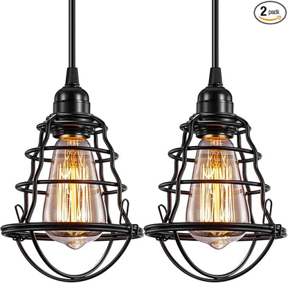 Industrial Pendant Light INNOCCY Edison Hanging Cage Pendant Lights E26 E27 Base Vintage Adjustable Pendant Lamp Fixture for Kitchen Home Lighting 2 Pack