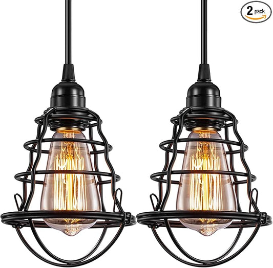 Industrial Pendant Light INNOCCY Edison Hanging Cage Pendant Lights E26 E27 Base Vintage Adjustable Pendant Lamp Fixture for Kitchen Home Lighting 2 Pack