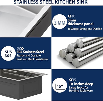 Lordear 33 Drop In Kitchen Sink with Faucet 33x22 Inch Waterfall Kitchen Sinks Topmount Stainless Steel 16 Gauge Single Bowl Workstation Smart Sink