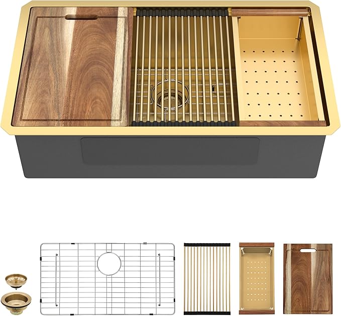 33 Undermount Kitchen Sink Gold - Fulorni 33"x19" Kitchen Sink Brushed Gold NANO-PVD Ledge Workstation 16 Gauge 304 Stainless Steel Under Counter Single Bowl Basin