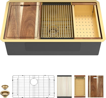 30 Undermount Kitchen Sink Gold - Fulorni 30"x19" Kitchen Sink Brushed Gold NANO-PVD Ledge Workstation 16 Gauge 304 Stainless Steel Under Counter Single Bowl Basin