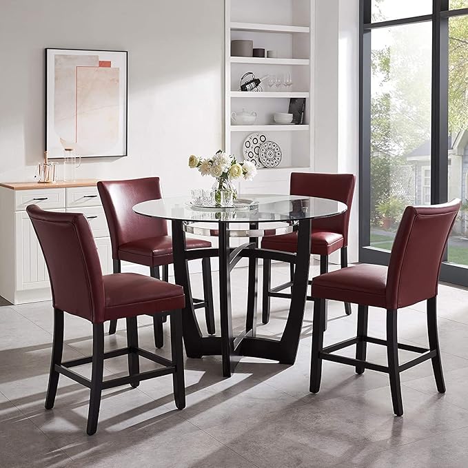 42" Glass Top Round Counter Height Table with Solid Wood Base, 1/2" Thick Tempered Glass, 35.5" High Dining Table