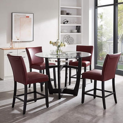 42" Glass Top Round Counter Height Table with Solid Wood Base, 1/2" Thick Tempered Glass, 35.5" High Dining Table