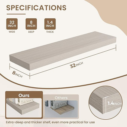 Dreamland 8" Deep Long Floating Shelves, 32 Inches Floating Shelves for Wall Set of 2, Large Display & Storage Shelf, Wall Shelf for Bathroom Bedroom Living Room Kitchen Office, Grey