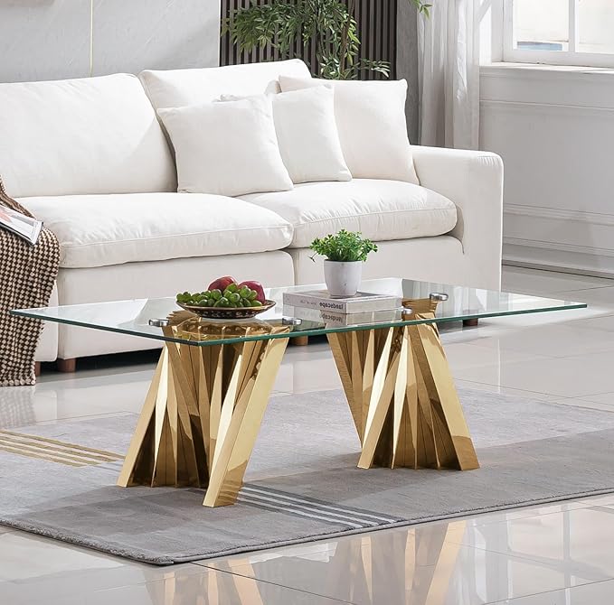 Henf Gold Glass Coffee Table with Mirrored Stainless Steel Base, 51" Rectangle Modern Living Room Cocktail Table for Home Office