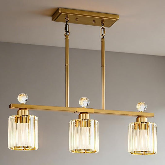 Crystal Island Light for Kitchen Over Table,Gold Linear Pendant Light for Dining Room Light Fixture,3-Lights Ceiling Hanging Chandeliers Dining Room Lighting Fixture with Luxury Crystal Shade