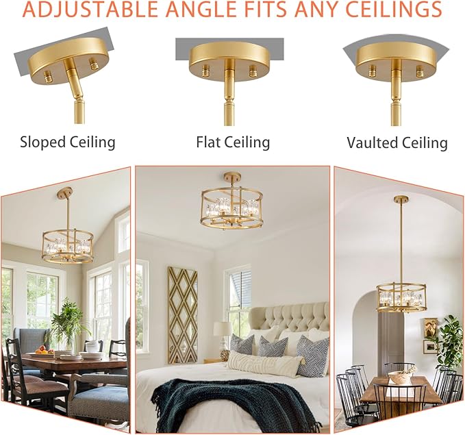 Modern Gold Chandeliers for Dining Room Over Table, Farmhouse Pendant Lighting Fixtures Drum Chandelier 4-Light Round Ceiling Lights
