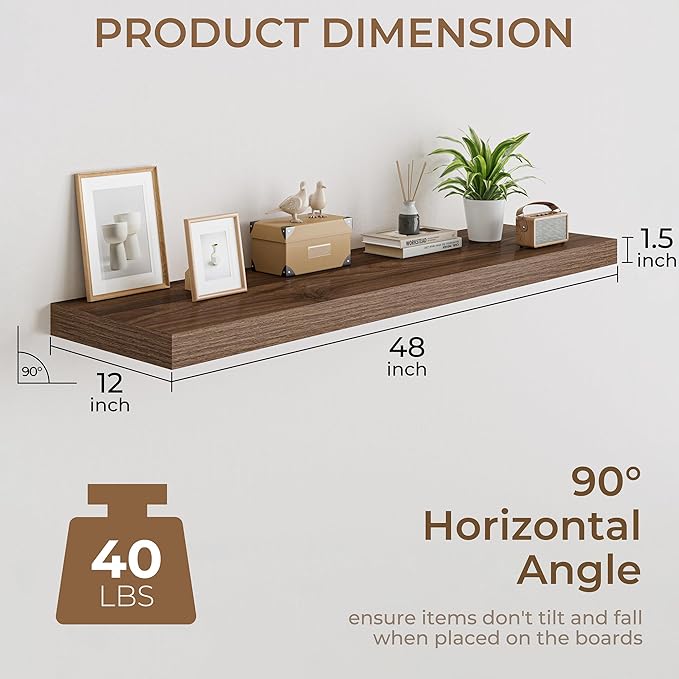 RICHFOCUS Deep Floating Shelves for Wall 2 Pack 12" D 48 Inch Wall Shelves for Room Wall|Wood Hanging Shelf with Invisible Brackets for Bathroom Bedroom Kitchen Laundry Room, Walnut