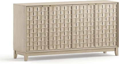 MALOL Sideboard Buffet Cabinet with Storage, Modern 4-Door Buffet Table with 3D Checkerboard Doors & Solid Wood Legs, Large Coffee Bar Cabinet for Dining Room, Living Room, Entryway, Oak