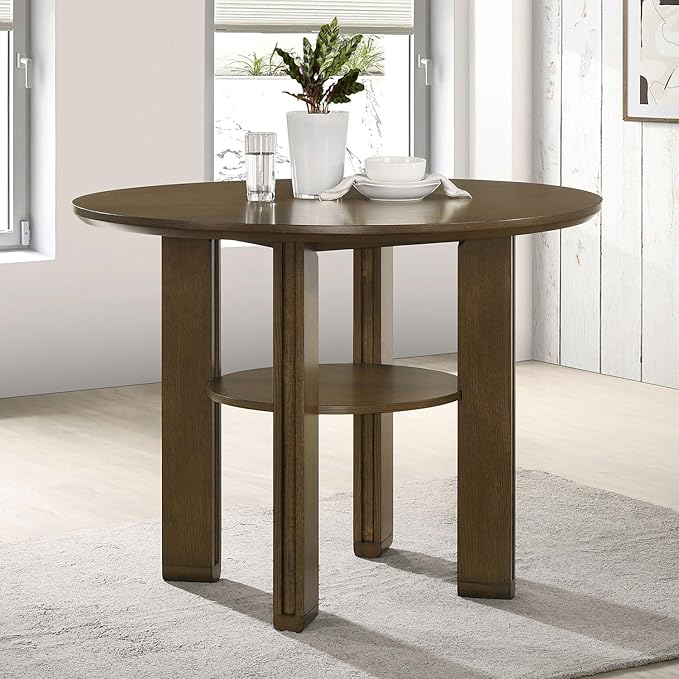 Round Height Dining Table Rich Brown Finish Kitchen Table with Angular Legs and Open Lower Storage Shelf Dining Table Practical