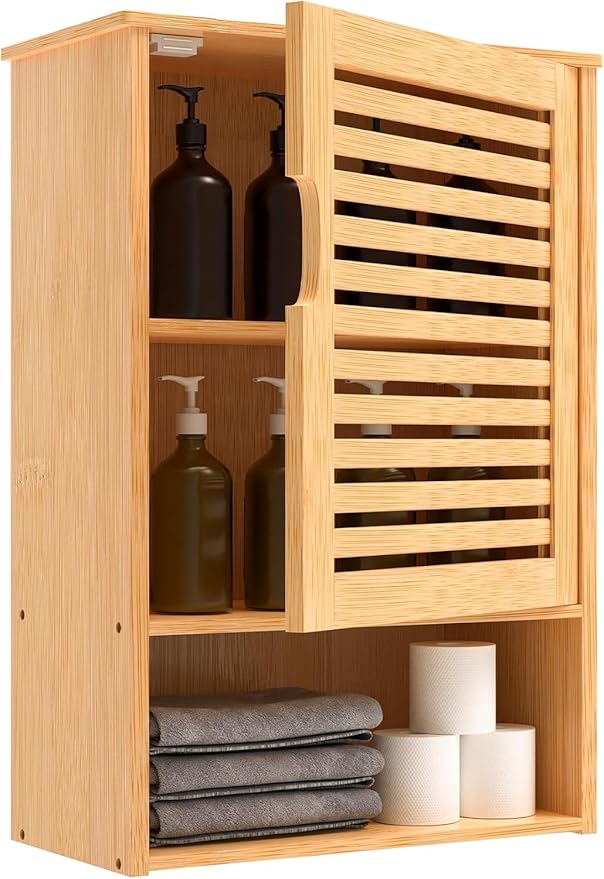 Bathroom Wall Cabinet with Single Door, Bamboo Medicine Cabinet Wall Mounted, Bathroom Storage Cabinet with Adjustable Shelf
