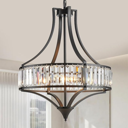 Crystal Chandeliers for Dining Room Rustic Farmhouse Chandelier with Round Metal Shade 6-Light Black Large Crystal Light Fixture for Kitchen Island Hallway Bedroom Home Office