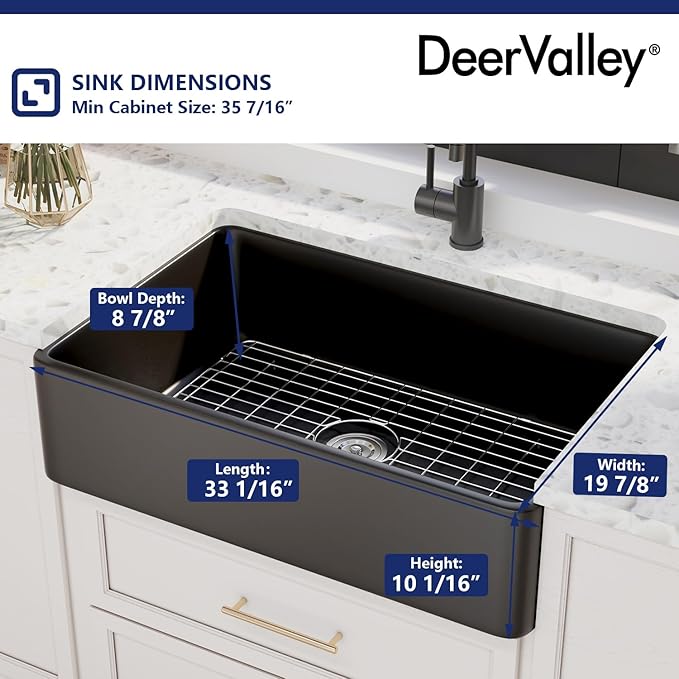 DeerValley Black Farmhouse Workstation Sink 33 Inch, Fireclay Apron Undermount Single Bowl Kitchen Sink with Accessories