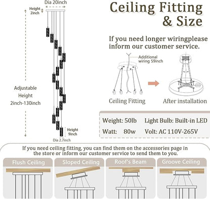 ykolupty H110 Chandelier for High Ceiling 16-Lights Crystal Chandeliers with Remote Large Pendant Light for Living Room Staircase Villa