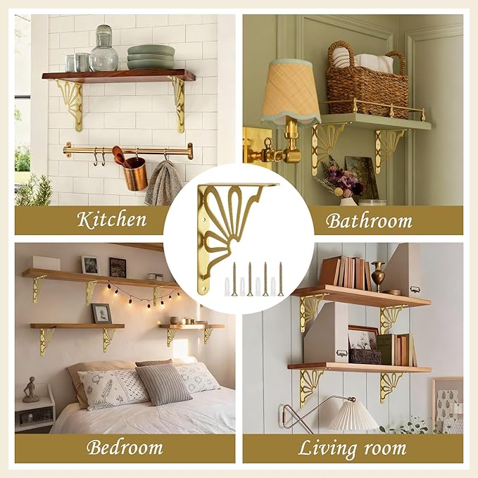 Lounsweer 2 Pcs 8inch Decorative Shelf Bracket Shelf Brackets Heavy Duty Modern Iron Metal Kitchen Floating Rack for DIY Open Shelving Wall Mounted(Sun)