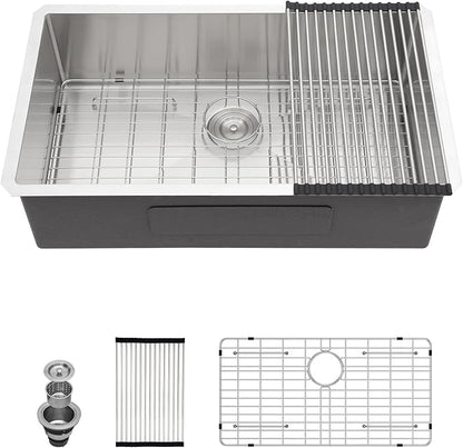 Undermount Kitchen Sink - 33 Inch Undermount 16 Gauge Stainless Steel Kitchen Sink Under Counter Single Bowl Sinks Round Corner, 33"x19"x9" #TLU-0024