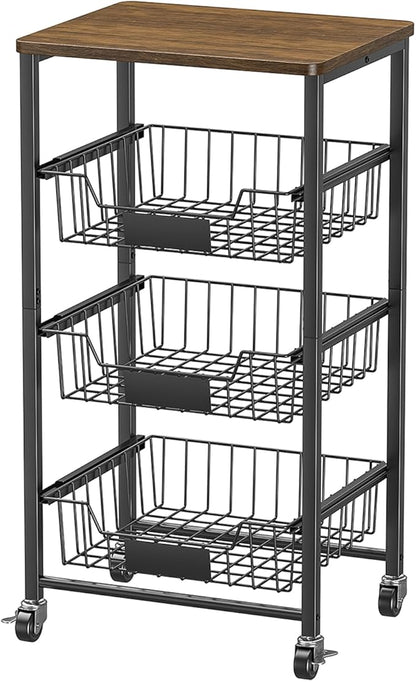 XYZLVSI Kitchen Storage Cart with Wheels, 4-Tier Metal Utility Rolling Cart Fruit Vegetable Storage Basket Pantry Rack with Wood Top & Pull Out Baskets for Kitchen, Livingroom, Diningroom, Office