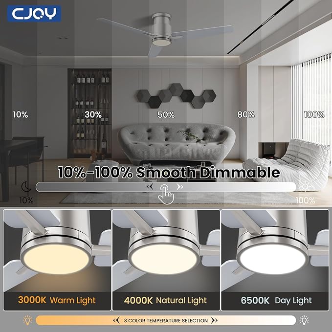 CJOY Ceiling Fan with Lights, 48 Inch Low Profile Ceiling Fans with Light and Remote, Reversible DC, Flush Mount, 3CCT，Dimmable, Modern Indoor/Outdoor Design for Bedroom, Living Room, Patio, Kitchen