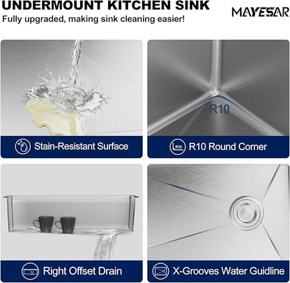 MAYESAR 30 Undermount Stainless Steel Kitchen Sink - Workstation Sink 16 Gauge Single Bowl Deep Handmade Sinks with Brushed Finish, Round Corner, 30"x19"x10"