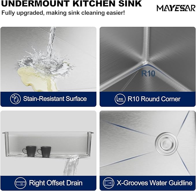 MAYESAR 33 Inch Kitchen Sinks Undermount - 33" x 19" Stainless Steel Undermount Workstation 16 Gauge Single Bowl Deep Under Counter Kitchen Sink Basin