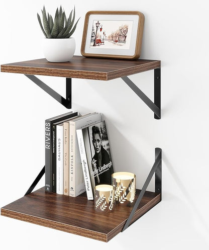 Acovy Deep Floating Shelves Wall Mounted, 12"x12" Walnut Wall Shelves with Brackets Set of 2 for Bedroom, Living Room, Bathroom, Kitchen, Office - Storage & Display Shelf for Decor, Books, Plants
