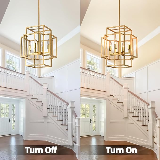 4-Light Gold Chandelier, Farmhouse Lantern Pendant Light Industrial Ceiling Foyer Lighting Fixtures, Modern Chandeliers for Dining Room, for Kitchen Island Staircase Hallway Entryway