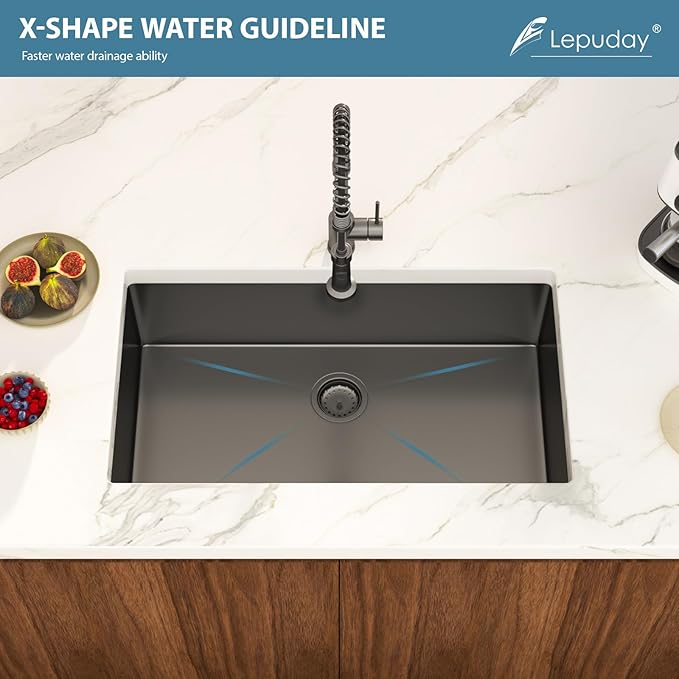33 Inch Black Undermount Kitchen Sink Single Bowl 18 Guage Stainless Steel 33"x19"x9" Deep Under Counter Kitchen Sinks Basin R10 Round Corners Handmade Sink