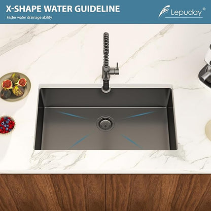 33 Inch Black Undermount Kitchen Sink Single Bowl 18 Guage Stainless Steel 33"x19"x9" Deep Under Counter Kitchen Sinks Basin R10 Round Corners Handmade Sink