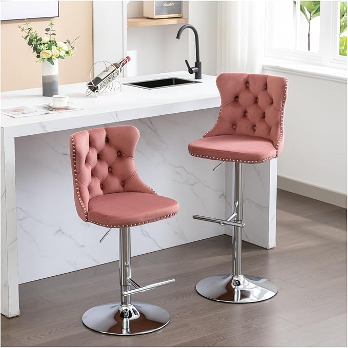 Swivel Velvet Barstools Adjusatble Seat Height from 25-33 Inch, Modern Upholstered Chrome Base Bar Stools with Backs Comfortable Tufted for Home Pub and Kitchen Island（Pink,Set of 2）