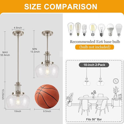 Modern Pendant Lights Kitchen Island, Brushed Nickel Pendant Light Fixtures with 10" Clear Glass Shade, Industrial Hanging Pendant Lights Fixture for Kitchen Island Dining Room Bedroom Foyer Entryway