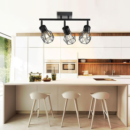 3 Light Track Lighting Fixtures Ceiling，Black Flush Mount Ceiling Light with E26 Lamp Head, Industrial Black Kitchen Track Lighting for Kitchen, Living Room, Dining Room, Hallway