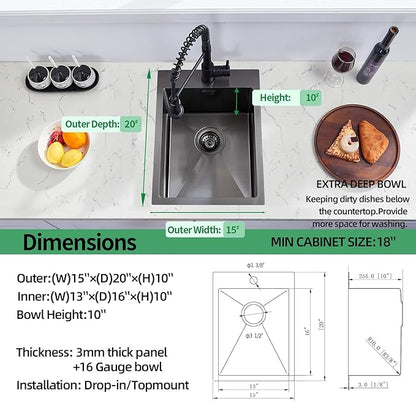 Drop In Kitchen Sink, 15 x 20 Inch Single Bowl Topmount Small Bar Sink 16 Gauge T-304 Stainless Steel Gunmetal Black Kitchen Sinks