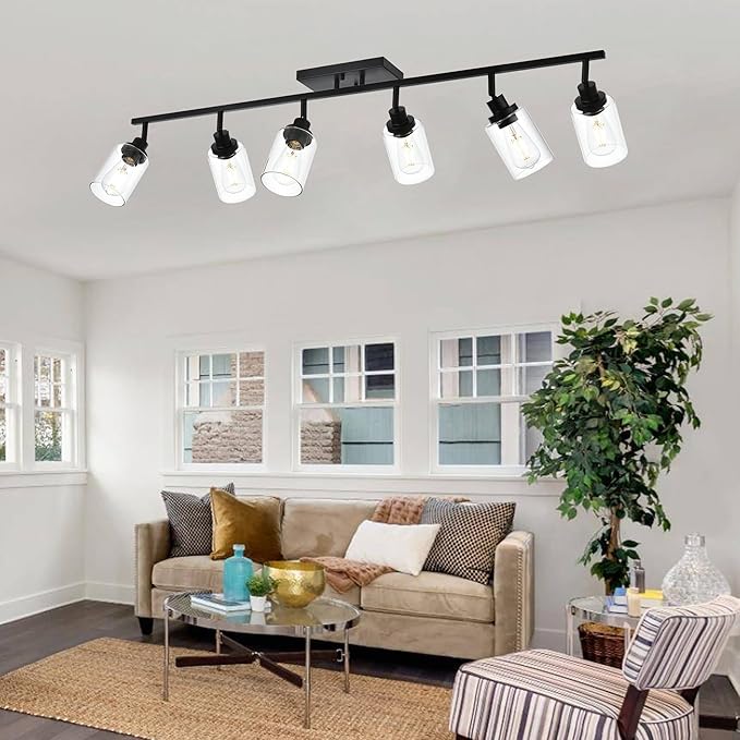 MELUCEE Ceiling Track Lighting Kits 6 Light Bathroom Light Fixtures Wall Mount with Flexibly Rotatable Light Head, Modern Black Spotlights with Clear Glass Shade, 45.3 Inch