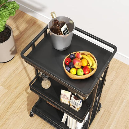 XYZLVSI 3-Tier Rolling Serving Bar Cart, Wood and Metal Kitchen Island Storage Cart with Wheels, Multifunction Utility Cart Storage Rack for Home, Kitchen, Bar, Dinning Room, Living Room (Black)