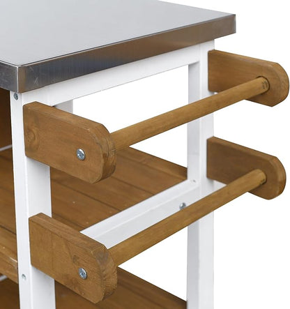 JIJIWANG 33.4" Foldable Outdoor Kitchen Island Patio Kitchen Island Outdoor Kitchen Cart Portable Prep Station with Lockable Wheels, Storage Cabinet and Towel Rack for Patio and Outdoor White+Brown